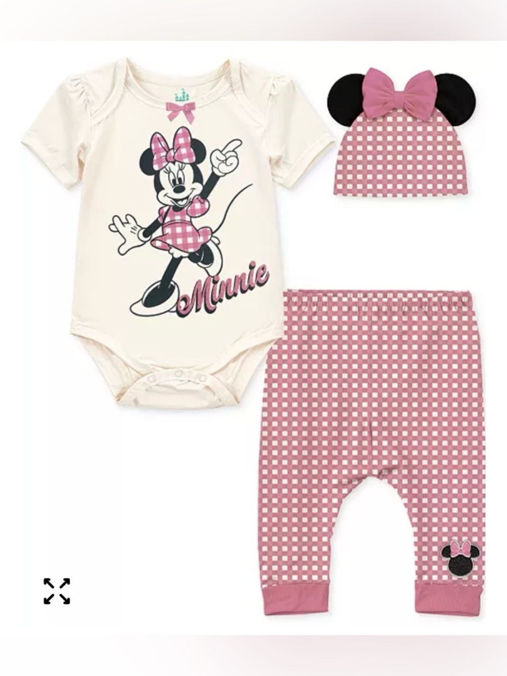 Disney Baby Girls 3-Piece Set 6m Minnie Mouse White And Pink Gingham Check